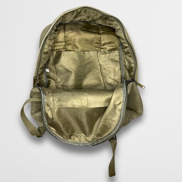 Olive Green Canvas Backpack With Front Pocket & Carabiner Clip - Picture 4 of 6